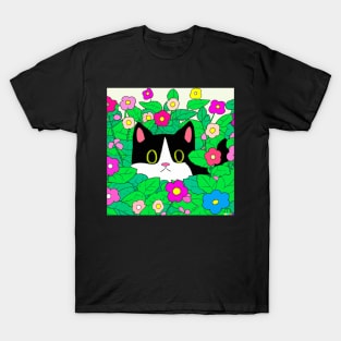 Cute Cartoon Tuxedo Cat Hiding in Flower Bed T-Shirt